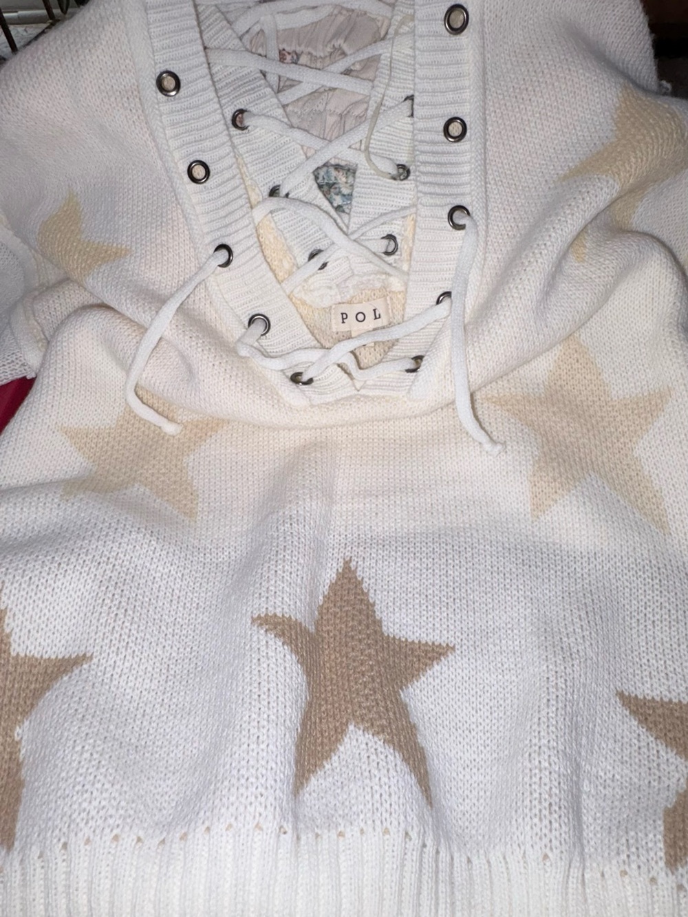 POL Lace-Up V-Neck Star Knit Sweater - Cream & Tan